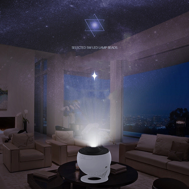 Galaxy star projector casting a starry sky across a living room ceiling