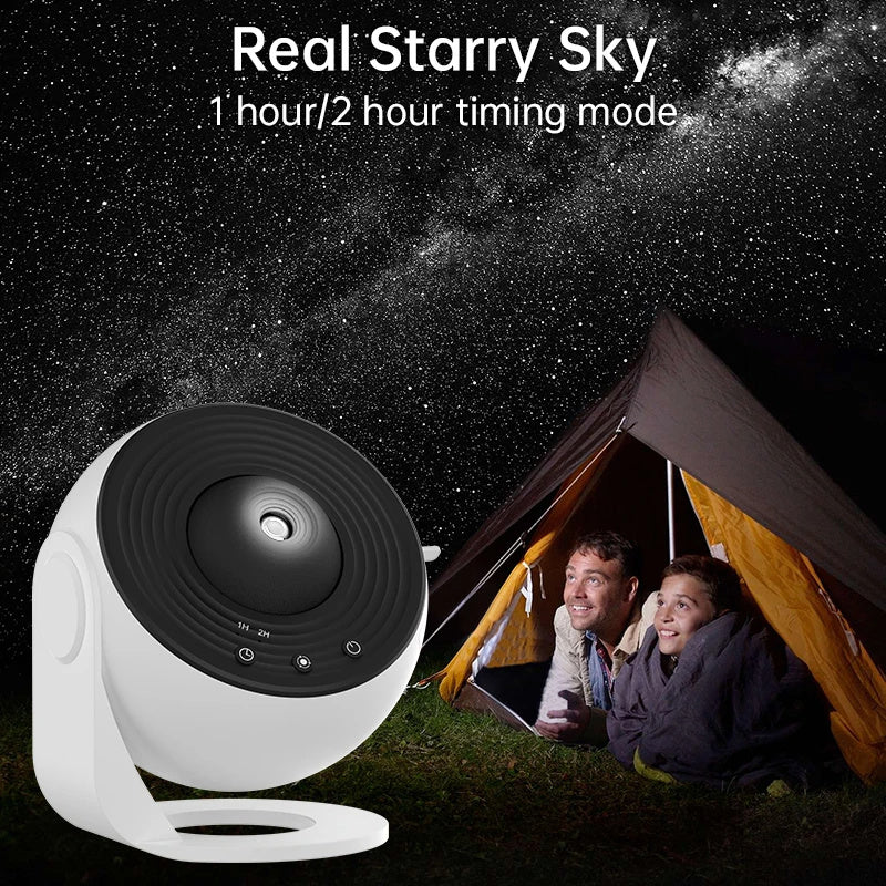 White star projector beside a family tent under a projected night sky