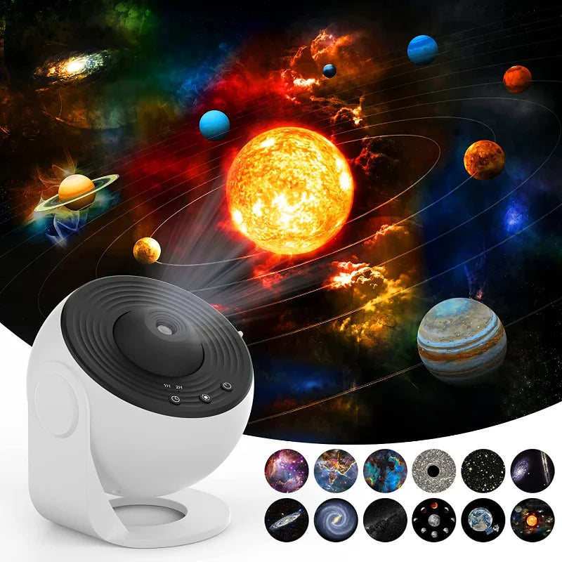 Galaxy projector displaying a colorful solar system with 12 scene discs
