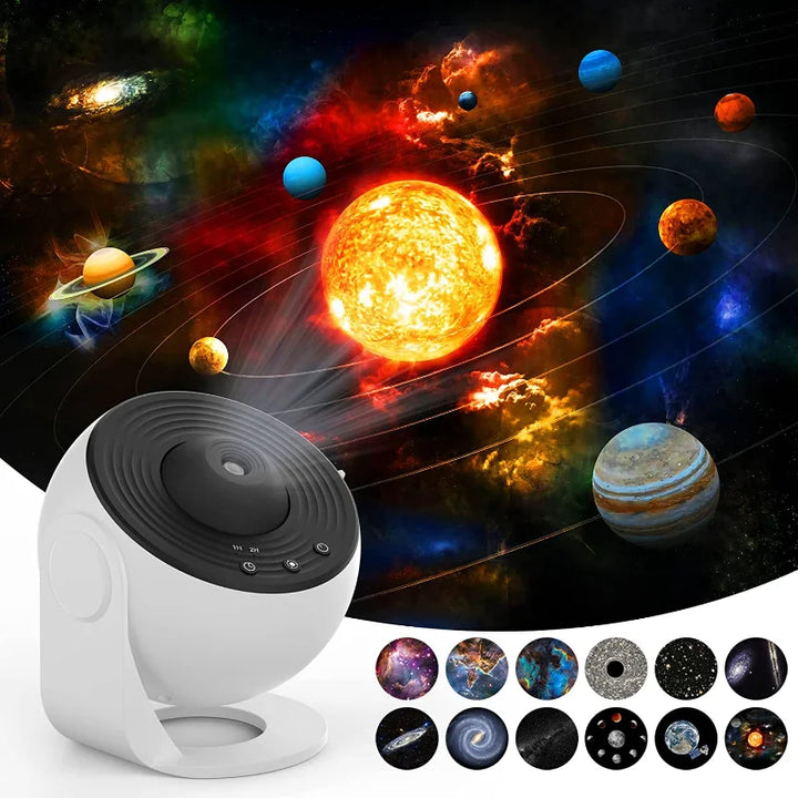 Galaxy projector displaying a colorful solar system with 12 scene discs