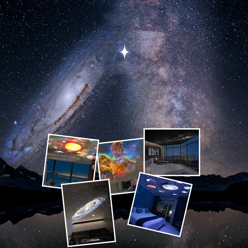 Collage of galaxy projector scenes displayed on bedroom and living room ceilings