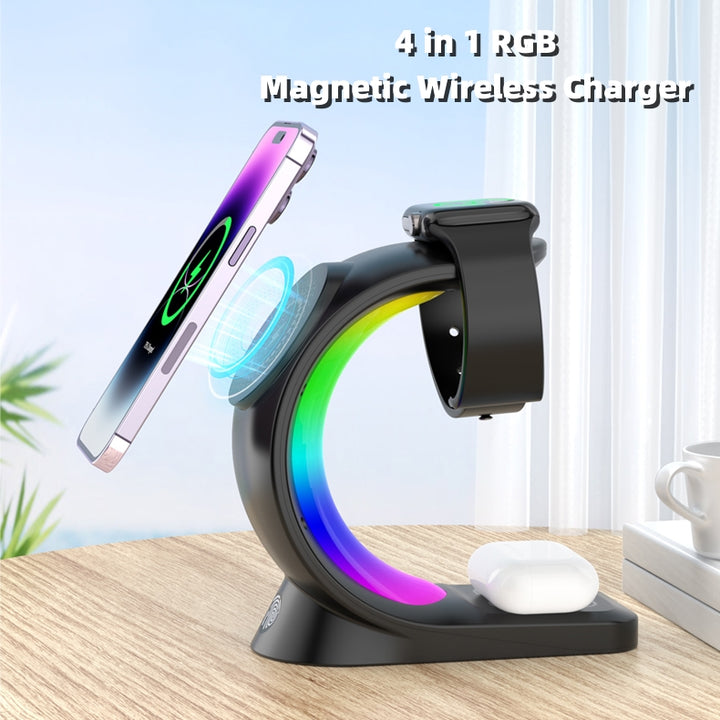 4-in-1 Magnetic Wireless Charging Station with RGB Light for iPhone, Watch & AirPods - Lofty Enterprises