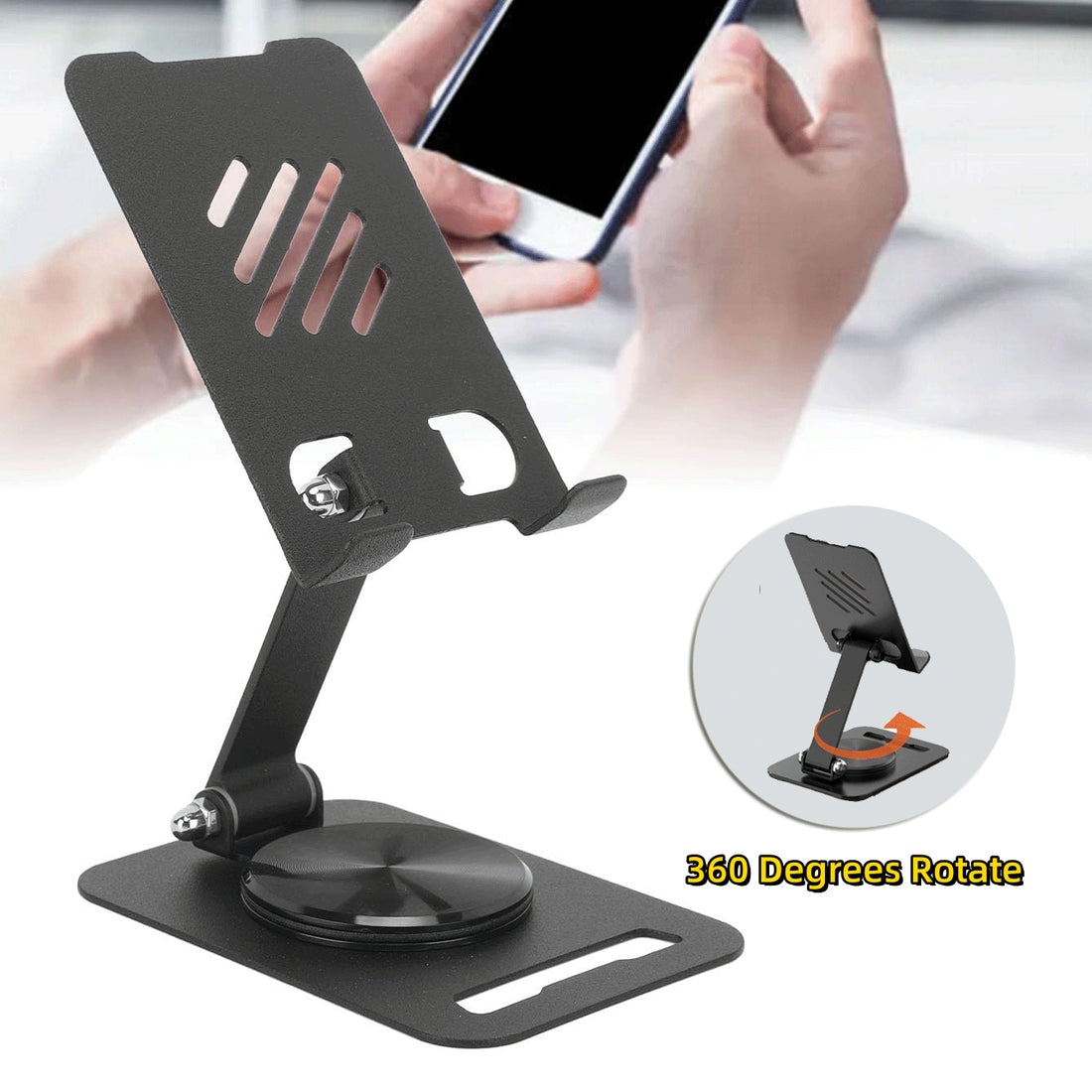 Black foldable desktop phone stand with adjustable hinge and 360-degree rotating base