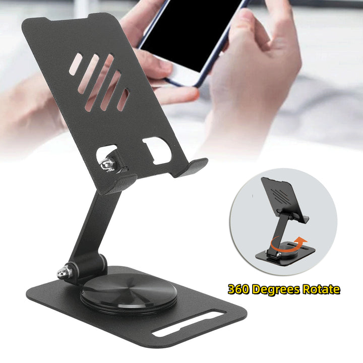 Black foldable desktop phone stand with adjustable hinge and 360-degree rotating base