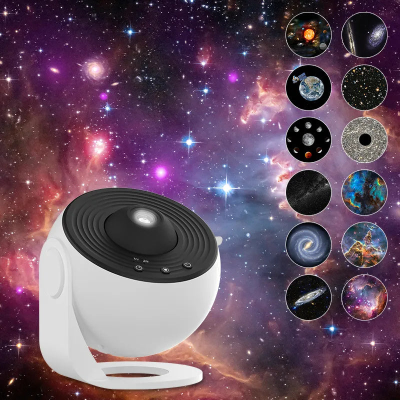 White galaxy projector shown with 12 selectable space projection scenes