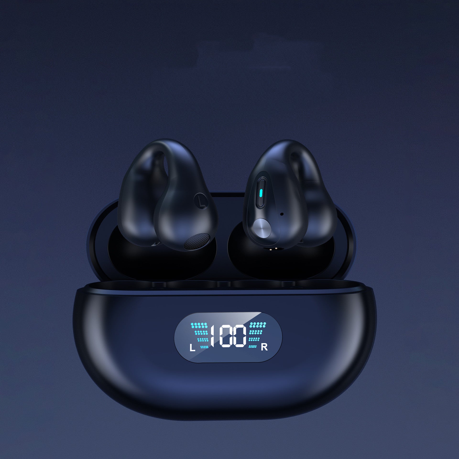 Open-ear Bluetooth ear-clip earbuds with charging case