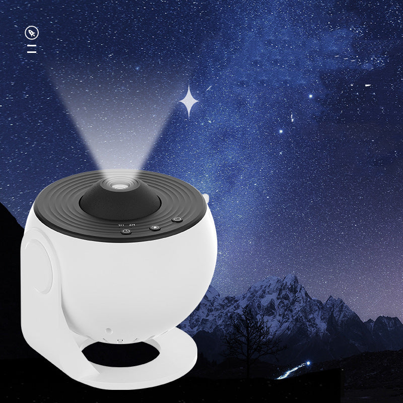 White galaxy projector casting a focused star field from its top lens