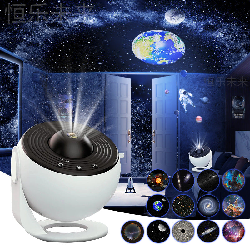 Galaxy projector creating an Earth and astronaut scene across a bedroom