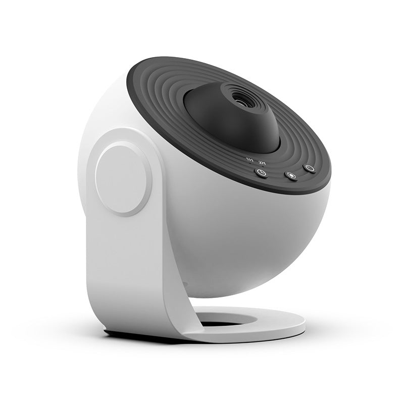 White galaxy star projector with black controls on a rotating stand