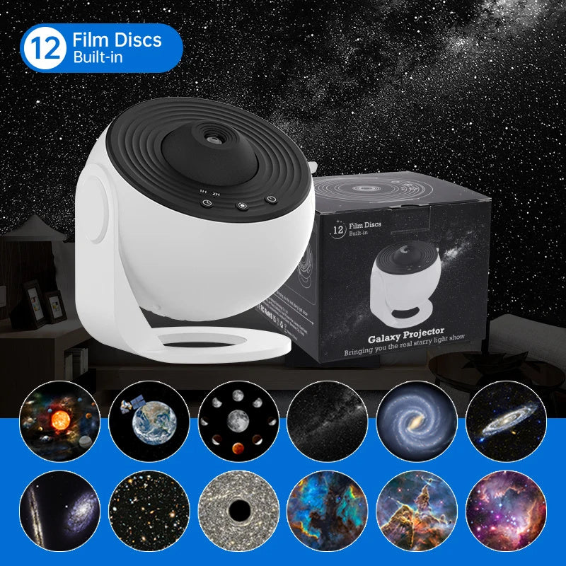 White galaxy projector with retail box and 12 included celestial scene discs