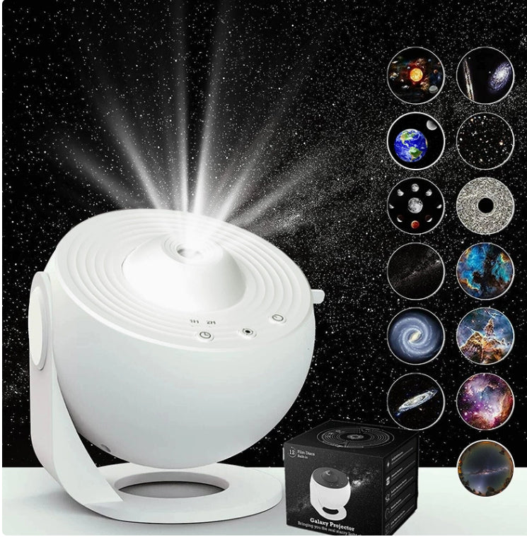 White galaxy projector with retail box and celestial projection scene choices